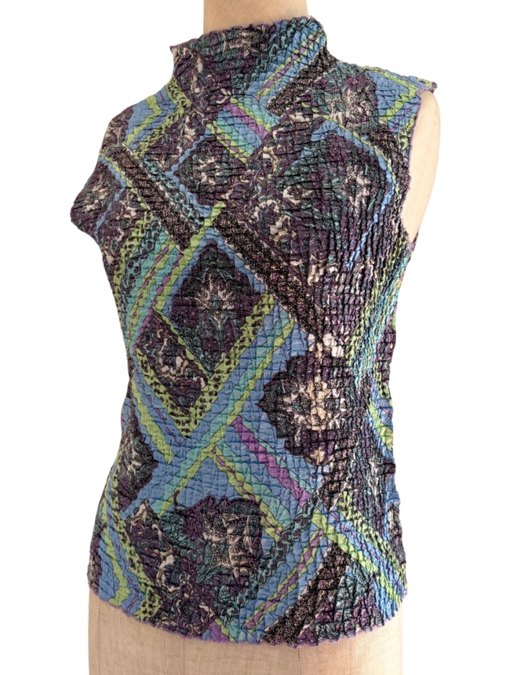 Vintage 90s Y2K Plisse Paisley Floral Pleated Crinkle High Neck Party Club Top